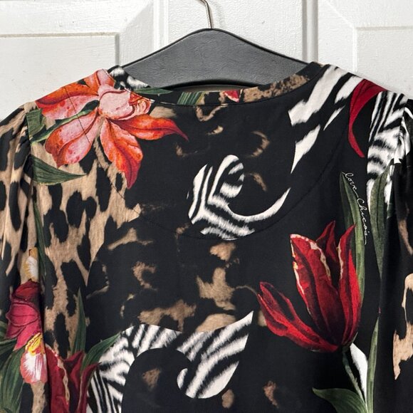Chico's Sz 2 (L) Women's Knit Top Blouse Long Sleeve Multicolor Floral/Animal - Picture 6 of 9